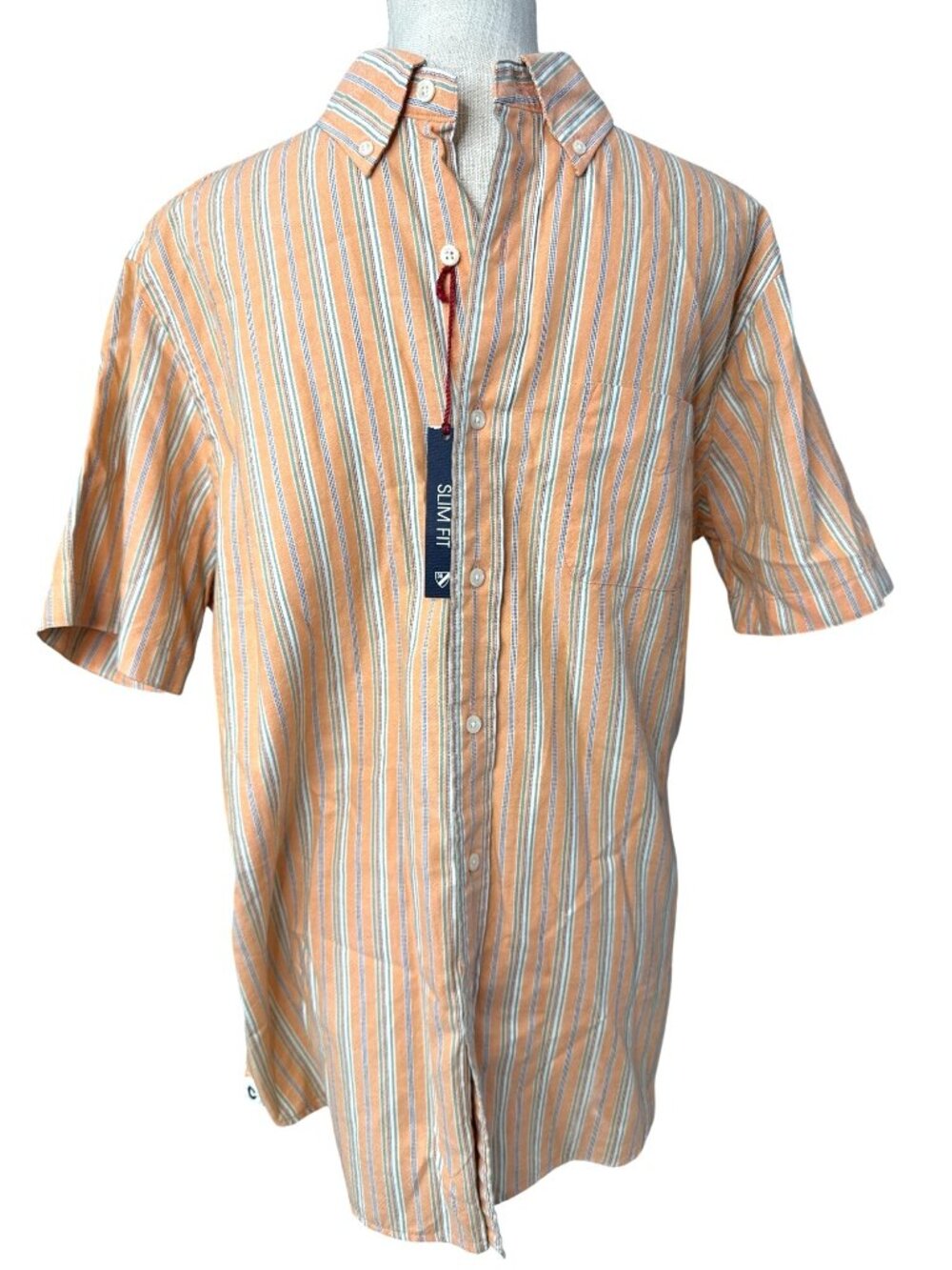 Cremieux Striped Short Sleeve Button Down Peach & Blue Casual Shirt L